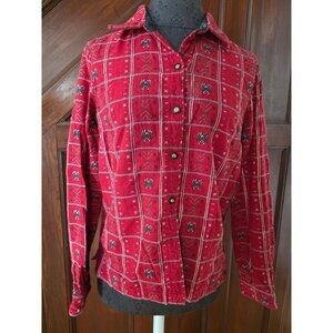 Vintage Krazy Kat Red Plaid Button-Up Shirt S Embroidered Candy Canes Flowers